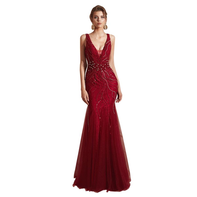 Compra Vestidos Largos De Fiesta De Sirena Color Borgoña 2019 Nueva  Longitud Del Piso Sin Mangas Rebordear De Tull Volver Abierto Vestido De  Noche Formal Vestidos De Fiesta Barato | Entrega Rápida