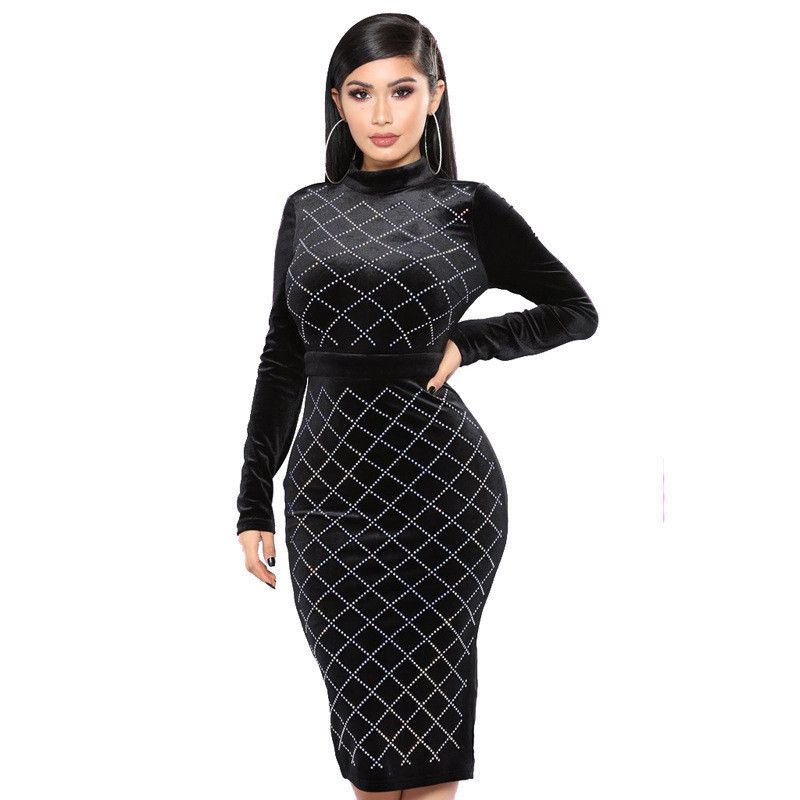 Women Long Sleeves Printed Bodycon Ladies Round Neck Fancy Party Midi Dress Top