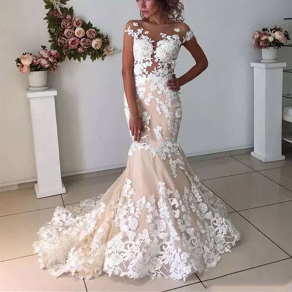 Compra Vestidos De Novia Champagne Sirena 2020 Del Traje De Novia Sin  Espalda Mariee Vestido De Encaje De Flores Vintage Aplique El Tren De  Barrido Barato | Entrega Rápida Y Calidad | Es.Dhgate