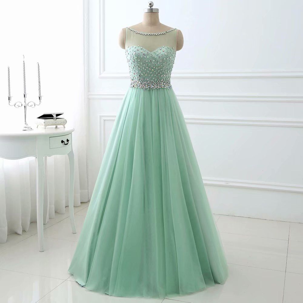 Enchanting Illusion Neckline A Line Tulle Sage Green Prom Dress ...