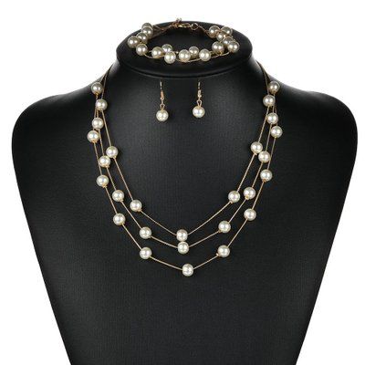 Nueva moda dama boda simulada joyería de perlas conjuntos collar corto pendientes pulseras joyería conjunto delicado n1338