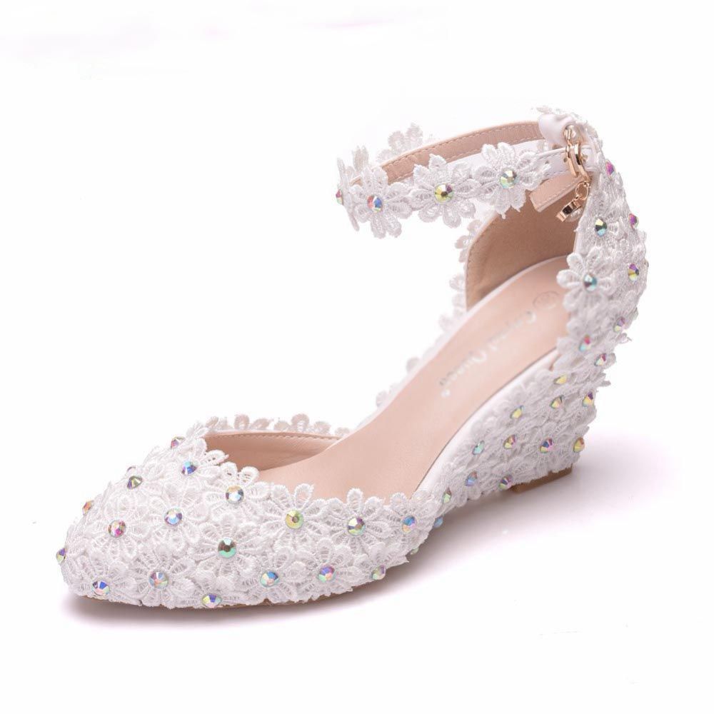 7cm Women Wedges Sandals Pointed Toe Wedges Heels White Lace