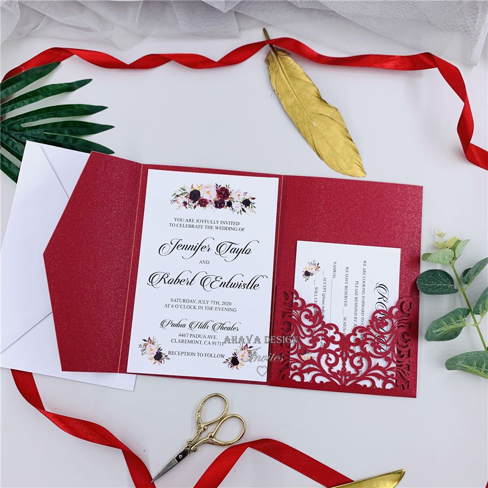 Luxury Pearl Red Laser Cut Wedding Invitations In Envelope Style