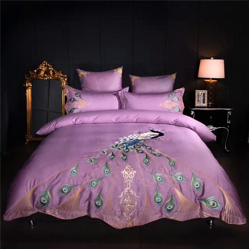 Oriental Luxury Bed Set Purple Blue Egyptian Cotton Embroidery