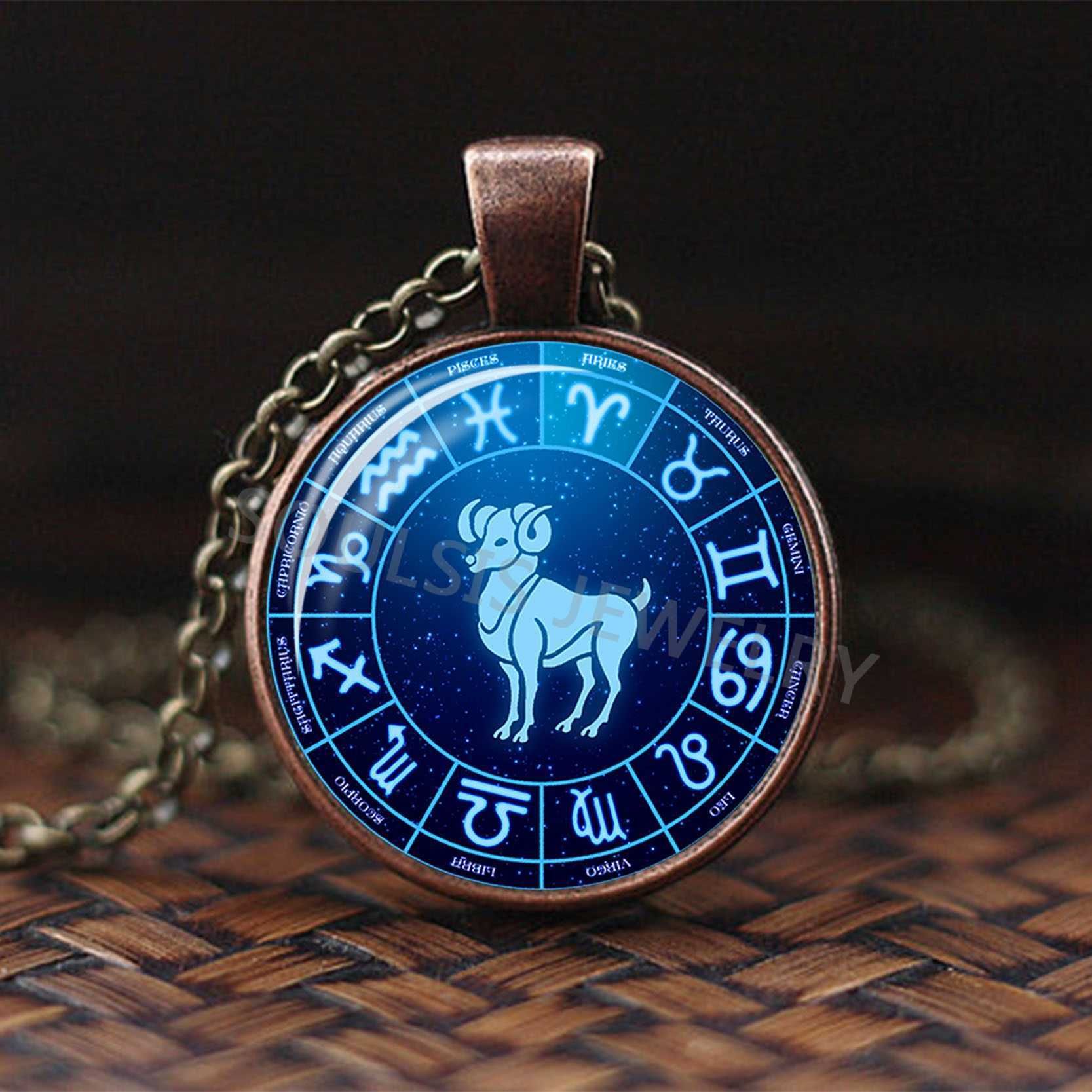 Vintage Chinese Zodiac Chart Cabochon Glass Bronze Chain Pendant Necklace