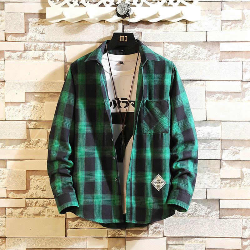 Red Green Plaid Shirt Men Cotton Long 