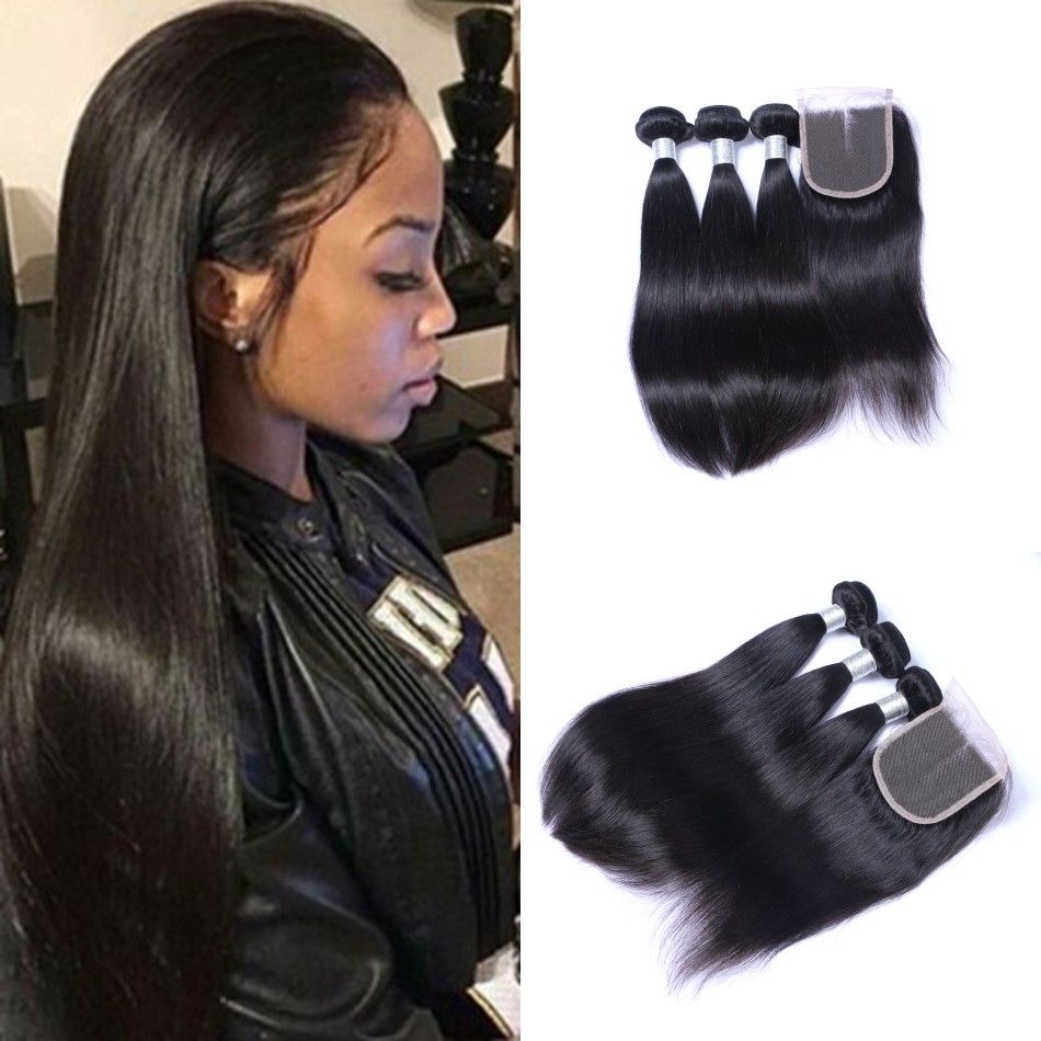 2020 Brazilian Straight Hair Bundles With Closure 1b Brazilian