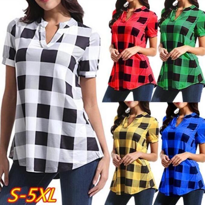 2021 Buffalo Check Shirts Plaid V Neck T Shirts Women Short Sleeve Tops ...