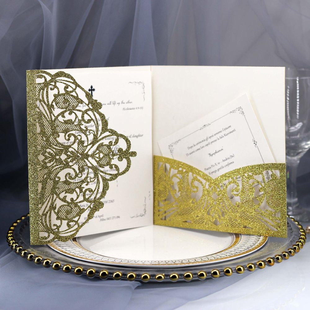 Gold Glitter Laser Cut Pocket Wedding Party Invitation