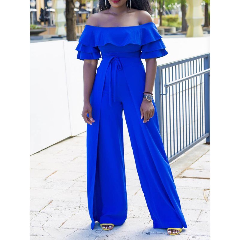 Acquistare Sexy Off Spalla Jumpsuit Donna Gamba Larga Pantaloni Vita Alta  Sottile Estate Moda Blu Elegante Signore Ruffle Party Lunghe Tute Economico  | Consegna Veloce E Qualità | It.Dhgate