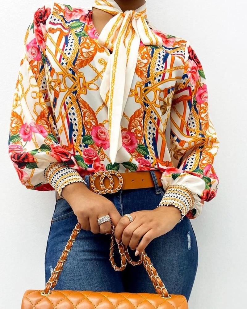 de cuello de estampado barroco blusas top mujeres retro impresión linterna manga camisa elegante