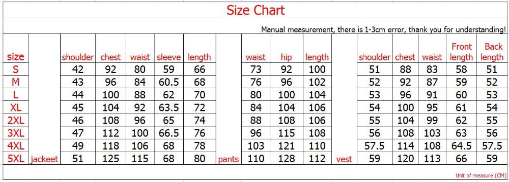 Suit Jacket Size Chart