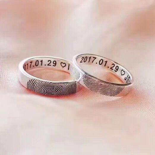 Amxiu de Ley 925 Dos Piezas Anillos Boda Huellas Dactilares Grabados Nombres Anillos Para Regalo Sorpresa