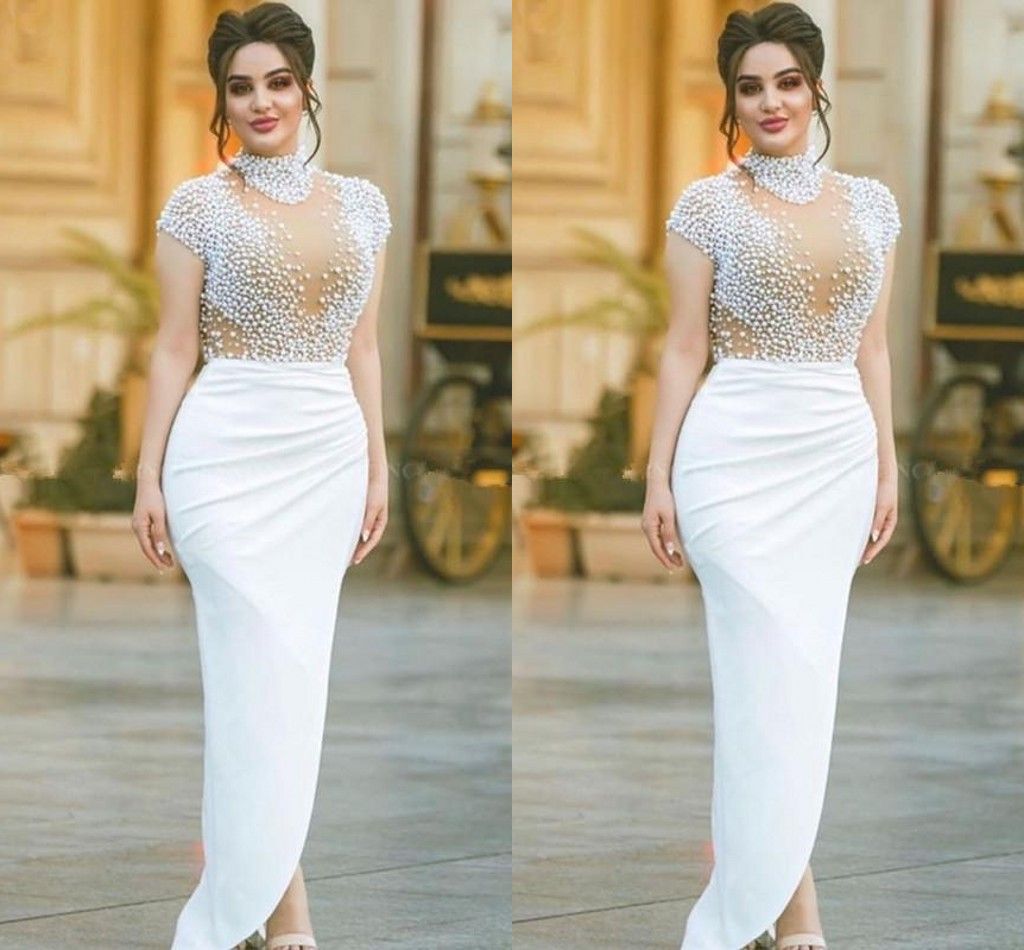 modern dubai arapca beyaz kilif abiye inciler yuksek boyun kap kol kaftan gelinlik slite ile orgun elbise abiye giyim elegantdress008 magazasindan