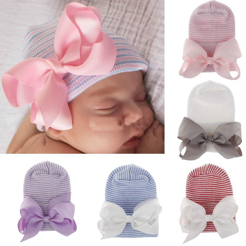 Newborn Baby Girl Infant Colorful Striped Bow Cap Hospital Warm Soft Beanie Hat