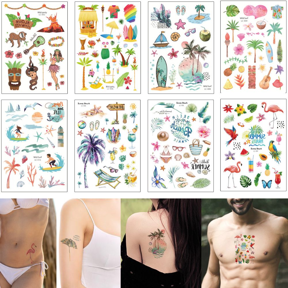 Hawaii Style Temporary Tiny Tattoo Tribe Surfboard Coconut Tree Body Art Design Sand Beach Party Summer Tattoo Sticker for Child Boy Girl 3D Hawaii Style Temporary Tiny Tattoo Tribe Surfboard Coconut Tree Body Art Design Sand Beach Party Summer Tattoo Sticker for Child Boy Girl 3D