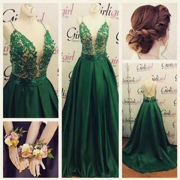 emerald green lace prom dress