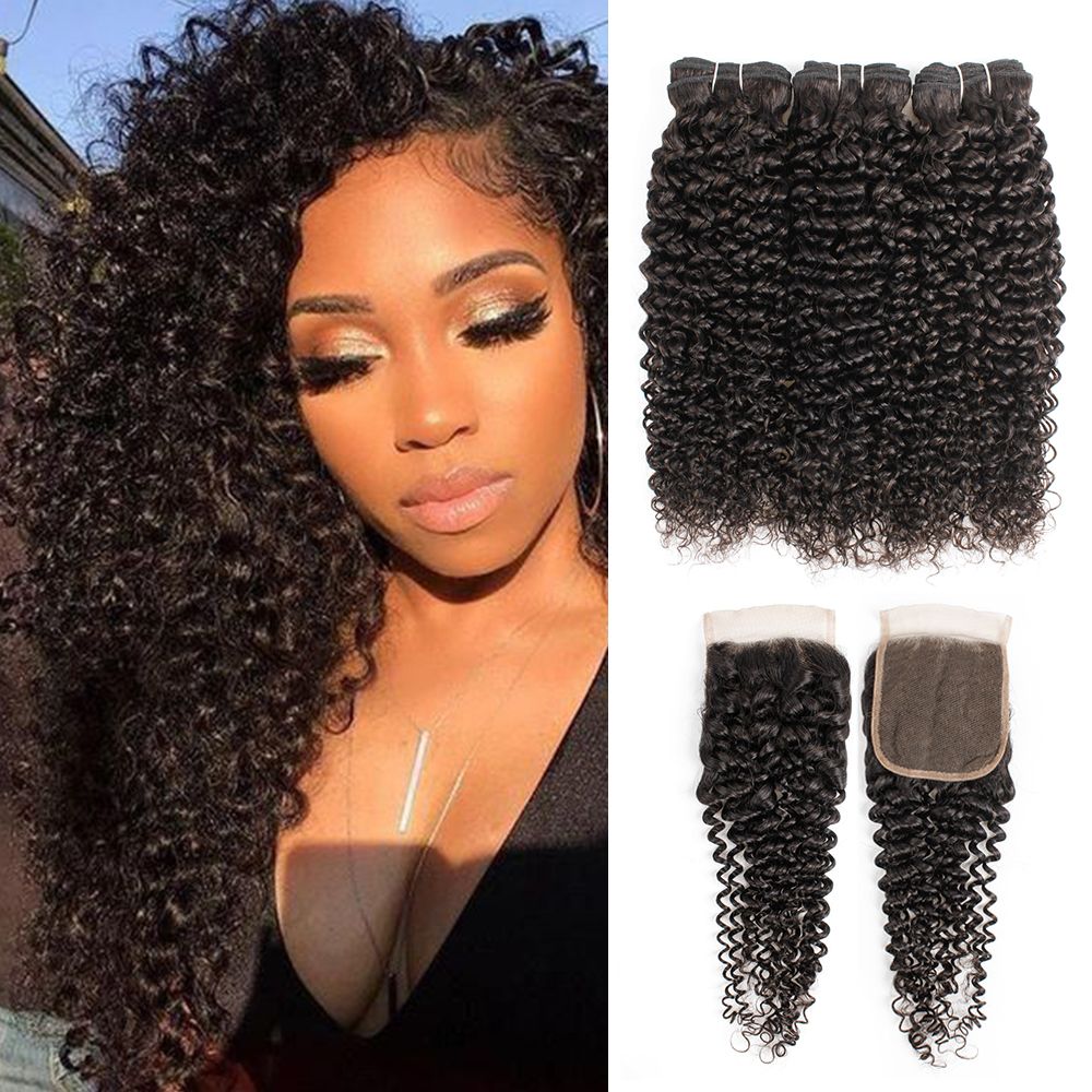2019 Brazilian Curly Human Hair Bundles With Closure Jerry Curl
