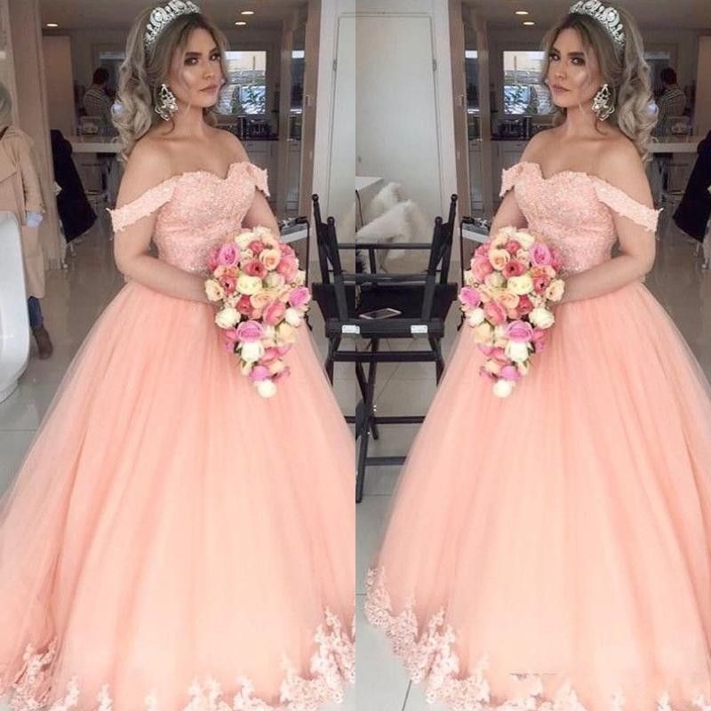 Peach Classy Long Puffy Prom Dresses ...