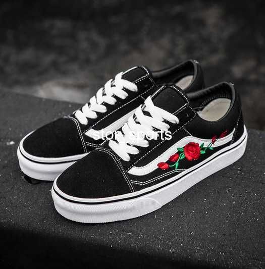 authentic vans classic old skool with custom rose embroidery