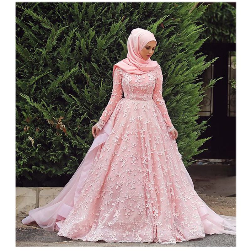 Pink Ball Gown Muslim Wedding Dresses 