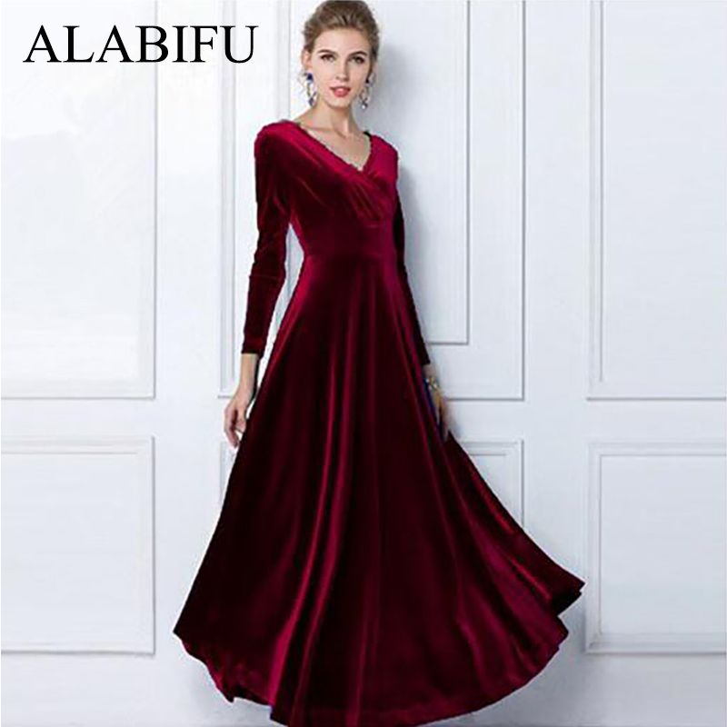 Alabifu Vestido de invierno Mujeres 2018 Casual Vintage Terciopelo vestido manga larga Talla
