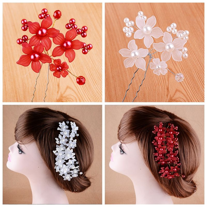 White Red Floral Hair Clips Pageant Prom Flowers Bridal Head