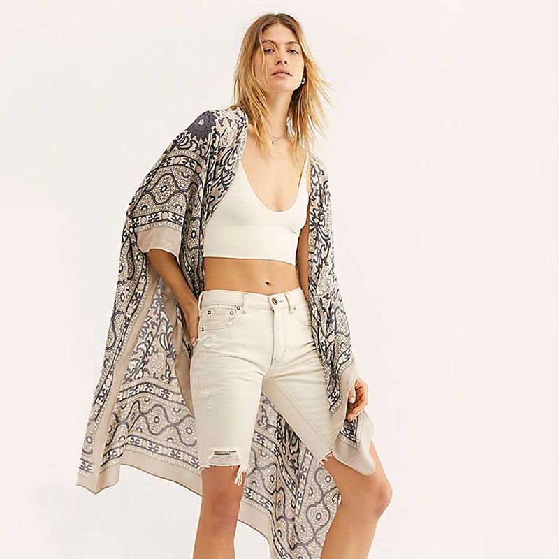 Verano de punto abierto estampado floral chaqueta larga manga suelta chaquetas mujer Boho Street