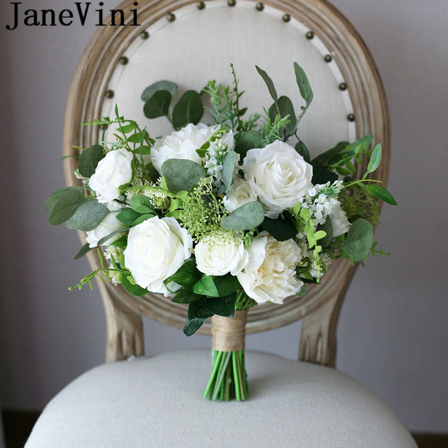 Janevini 2018 White Bridal Bouquets Artificial Roses Silk Bride Flowers Bridesmaid Wedding Bouquet Handmade Groom Brooch Bouquet De Fleur Wedding