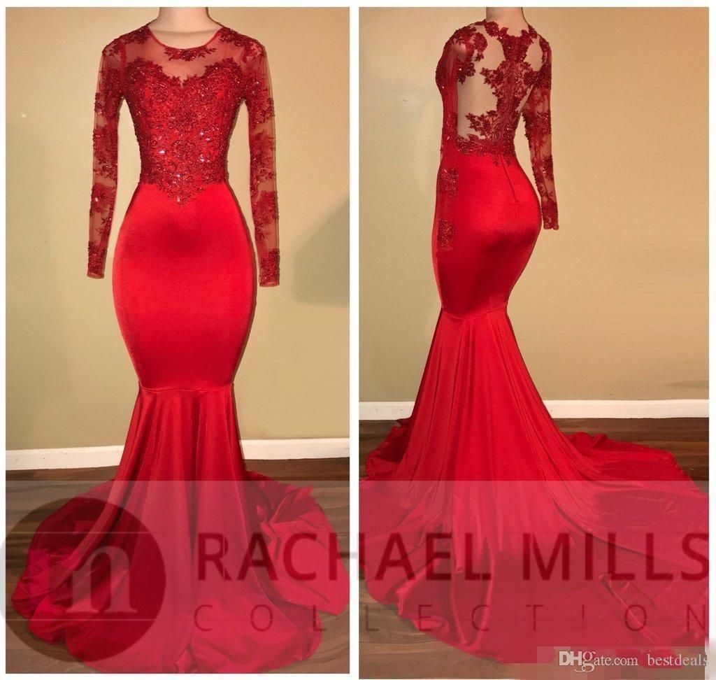 2018 Vintage Sheer African Long Sleeves Red Prom Dresses Mermaid