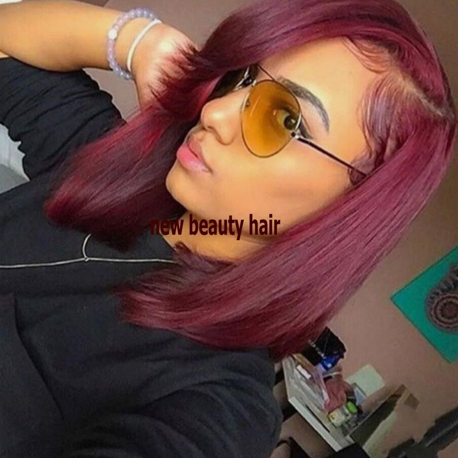 Side part burgundy wine red Lace Front Bob Wigs simulation short Human Hair  Wigs straight synthetic