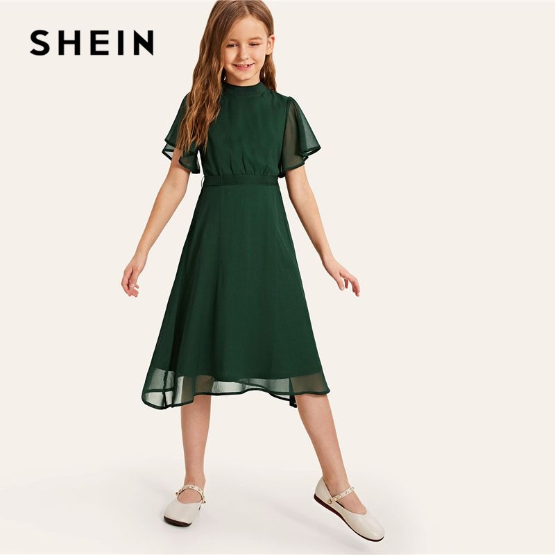 Shein Kiddie niñas Verde fijo trasero parcial vestido con cinturón partido  2019 de la manga de