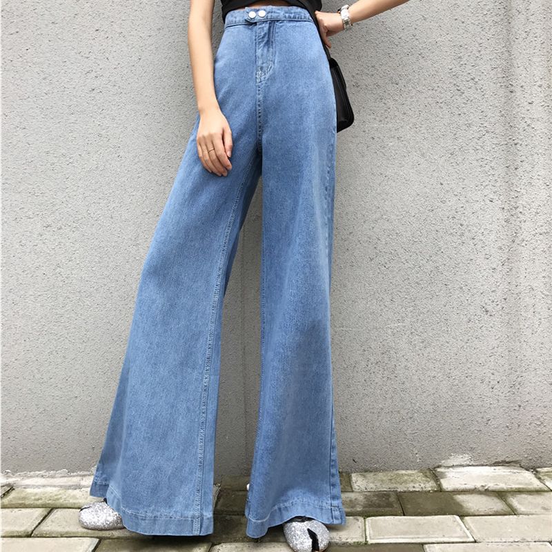 80S vendimia larga Big Bell Bottom llamarada jeans para mamá de cintura alta pierna ancha