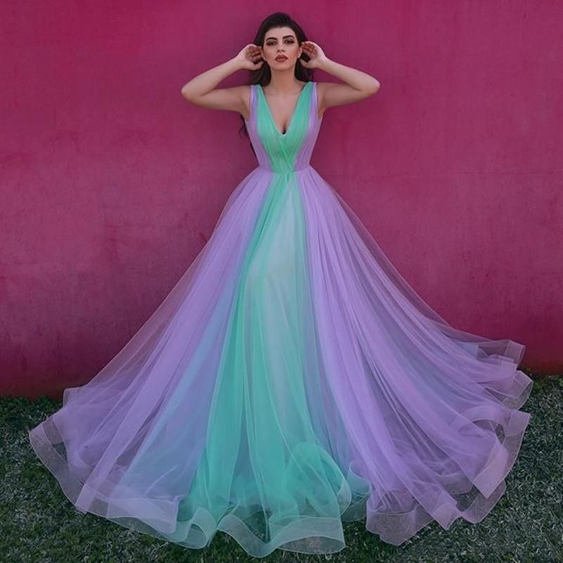 Compra Vestido De Noche De Dos Colores Con Cuello En V Y Tul Vestido Formal  De Tul Púrpura Y Turquesa Vestidos Largos De Fiesta Largos Para Mujeres Vestidos  Elegantes Barato | Entrega