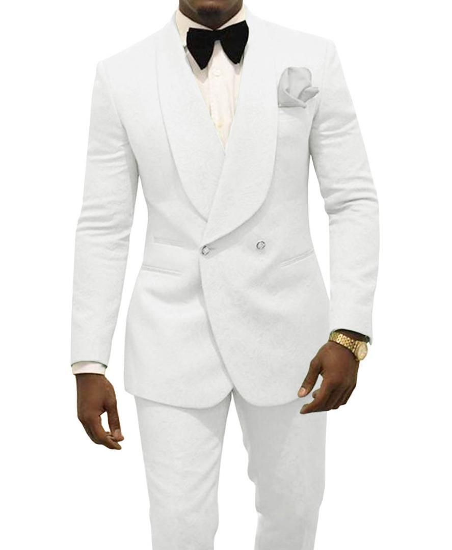 Men's One Button White Paisley Groom Tuxedos Shawl Lapel Groomsmen Mens Suits Blazers (Jacket, Pants, Tie) W:715