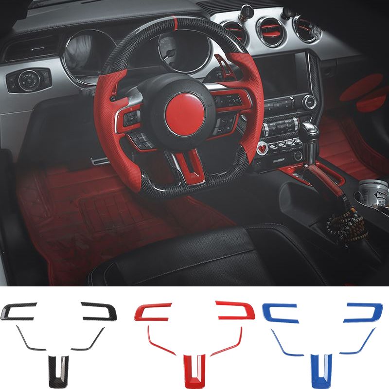 Black Carbon Fiber Car Steering Wheel Decoration Cover Sticker for Ford Mustang 2015+ 