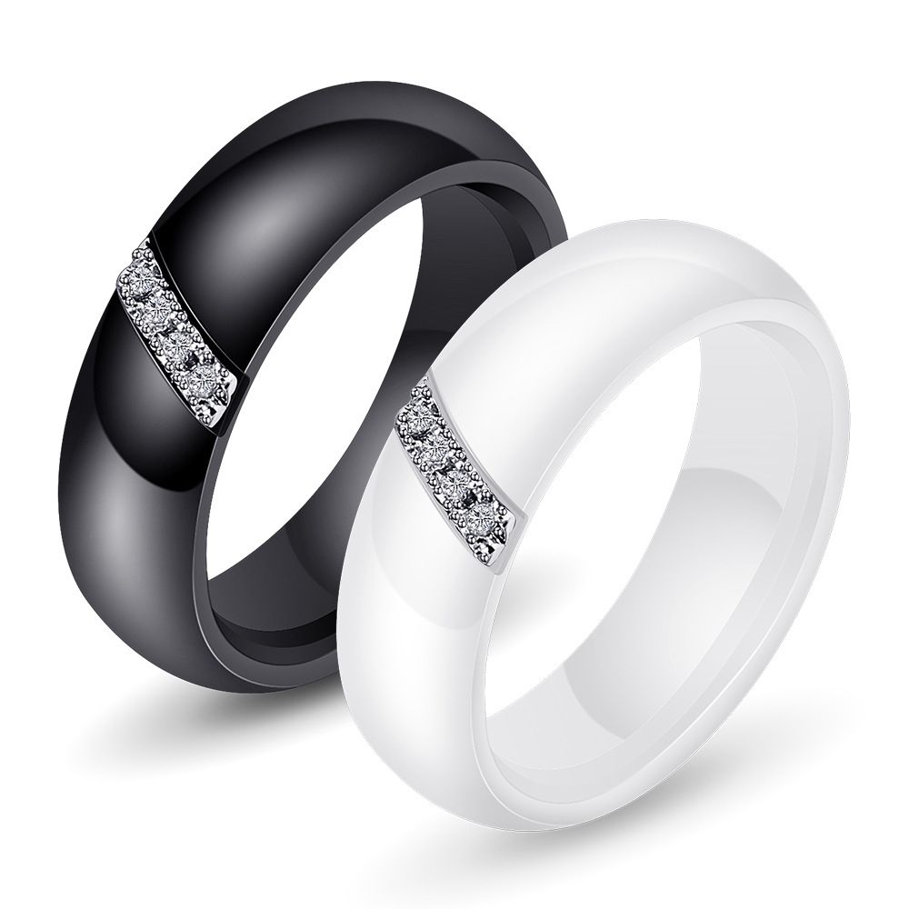Anillo De Cerámica Negro Blanco De 6 Mm Más Zirconia Cúbica Anillo De Cerámica Negro Blanco De 6 Mm Más Zirconia Cúbica