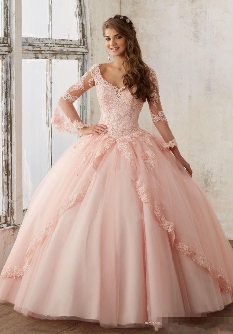 Compra Vintage Sweet 16 Pink Quinceanera Vestidos 2019 Apliques De Encaje  Mangas Largas Cuello Cuadrado Vestido De Fiesta Vestido De Fiesta Vestidos  15 Años Barato | Entrega Rápida Y Calidad | Es.Dhgate