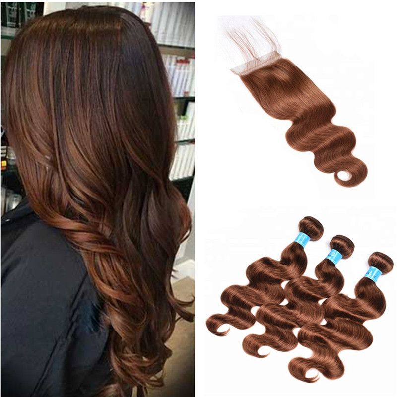 Honey Brown Bundles with Closure Color #4 Chestnut Brown Brazilian Body  Wave Virgin Hair Weaves with