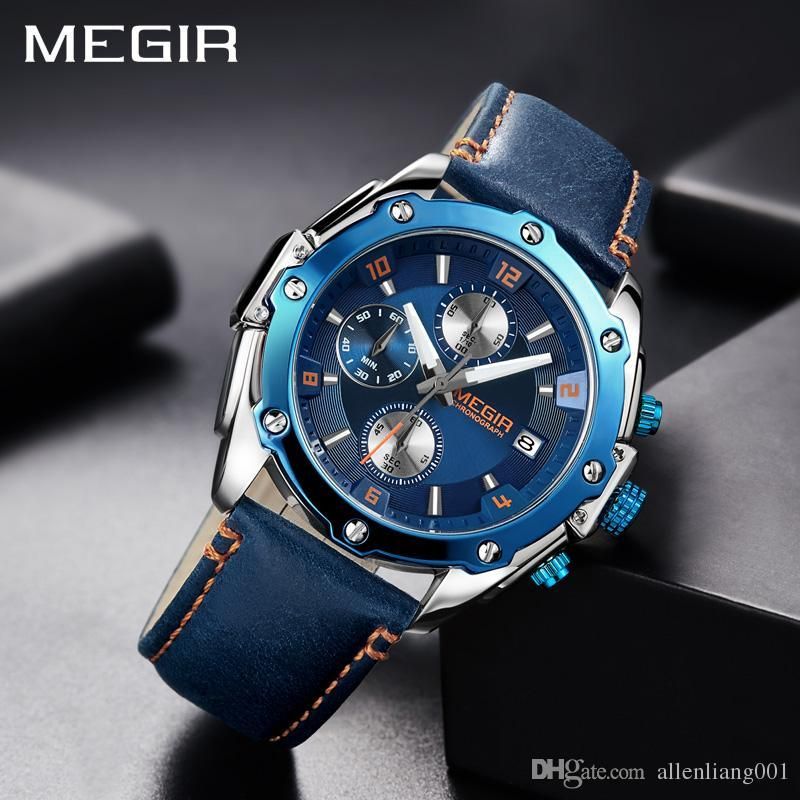 Megir Chronograph Men Watch Blue Leather Business Quartz Watch Clock Women Wrist Watch Creative Army Military Wrist Watches 2086 Watches Sale Sale Watches From Brandwatchdw 51 16 Dhgate Com