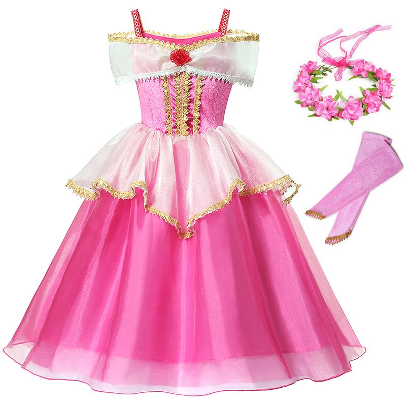 Niñas princesa aurora vestido cosplay dormir belleza niños rosa lentejuelas de halloween vestidos fiesta