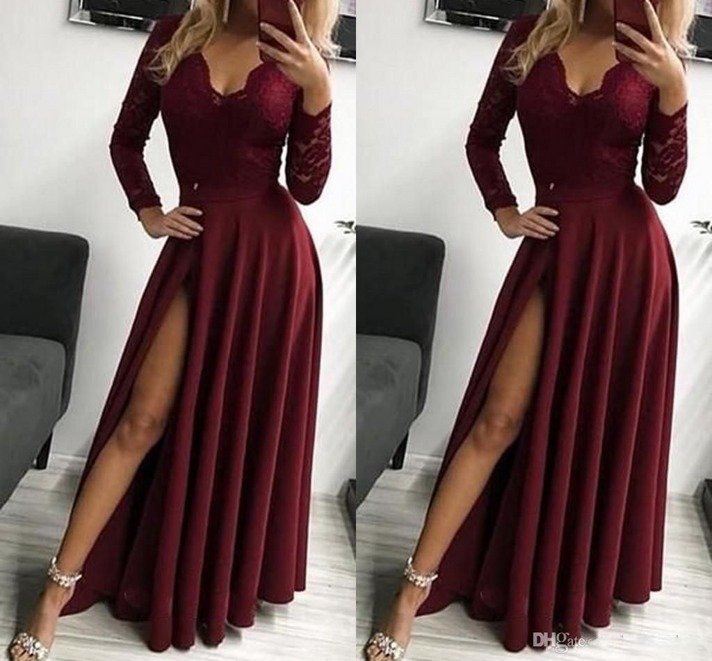 Burgundy Lace Long Sleeve Evening Gowns Sexy Side Split Deep V Neck ...