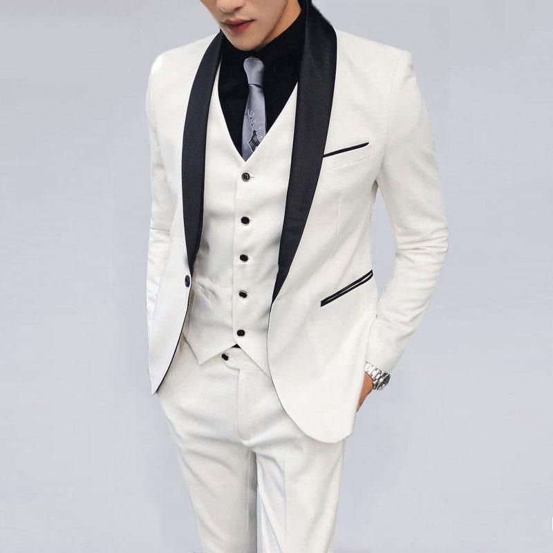 White Suit Mens Wedding Suits Black Shawl Lapel Groom