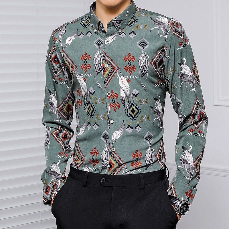 2020 Retro Green Print Shirt Men Social Gentleman Fashion Korean