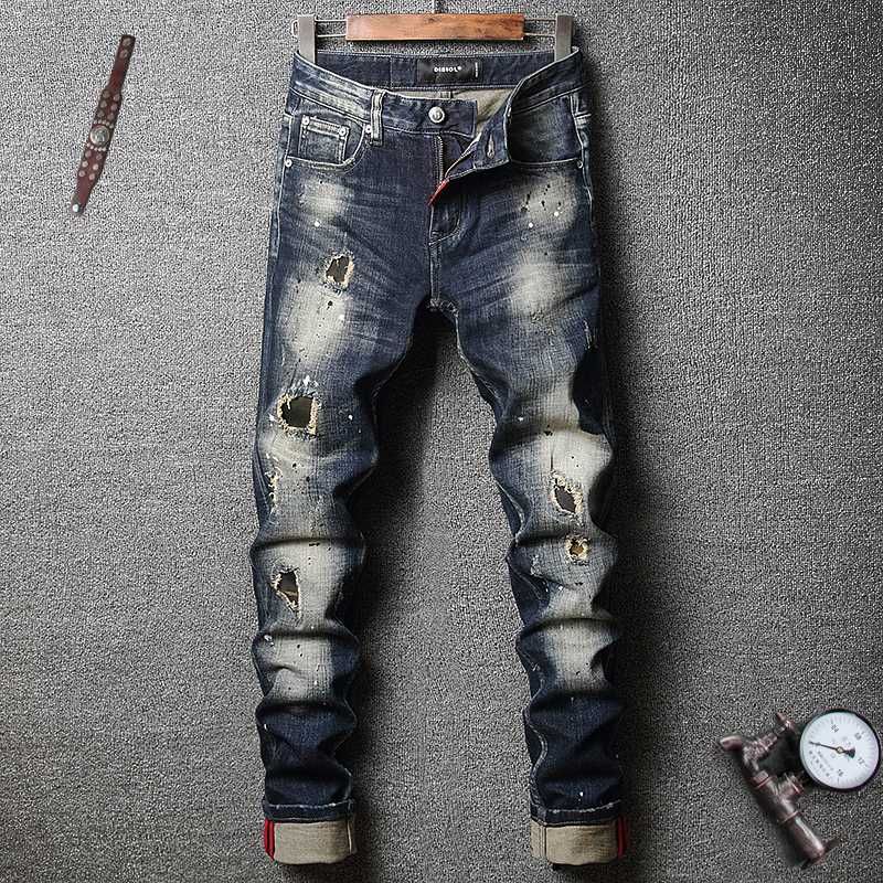 Jeans de hombre estilo italiano moda hombres ajuste destruido rasgado retro oscuro elástico elástico
