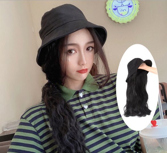 Wig Female Long Hair Hat Integrated Fisherman Hat With Long Curly
