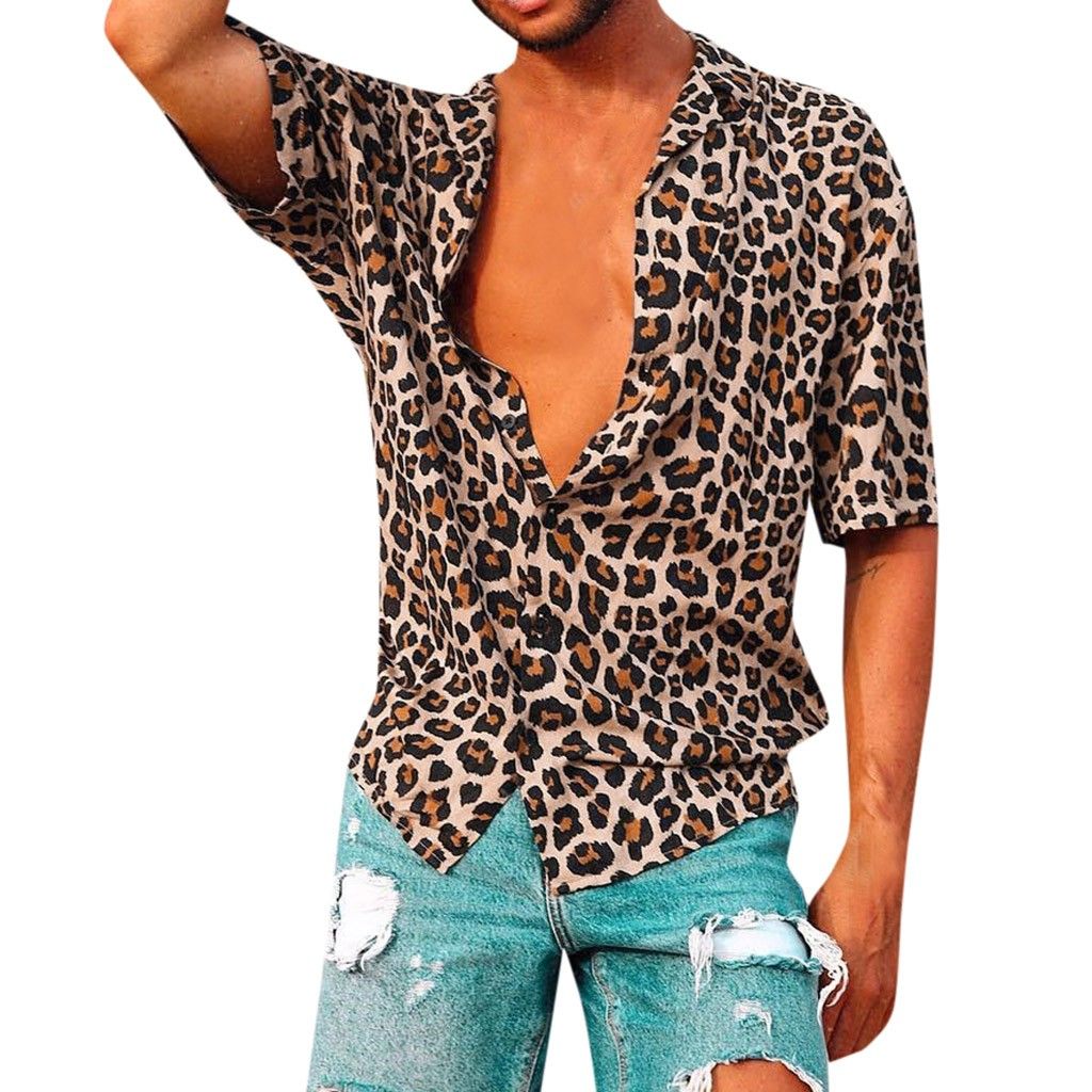 TOTAMALA Mens Leopard Print Shirt Short Sleeve Casual Lapel Short Loose Beach Hawaiian Shirt M/3XL 