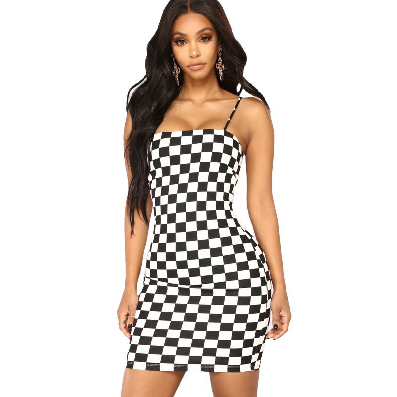 black and white plaid spaghetti strap dress