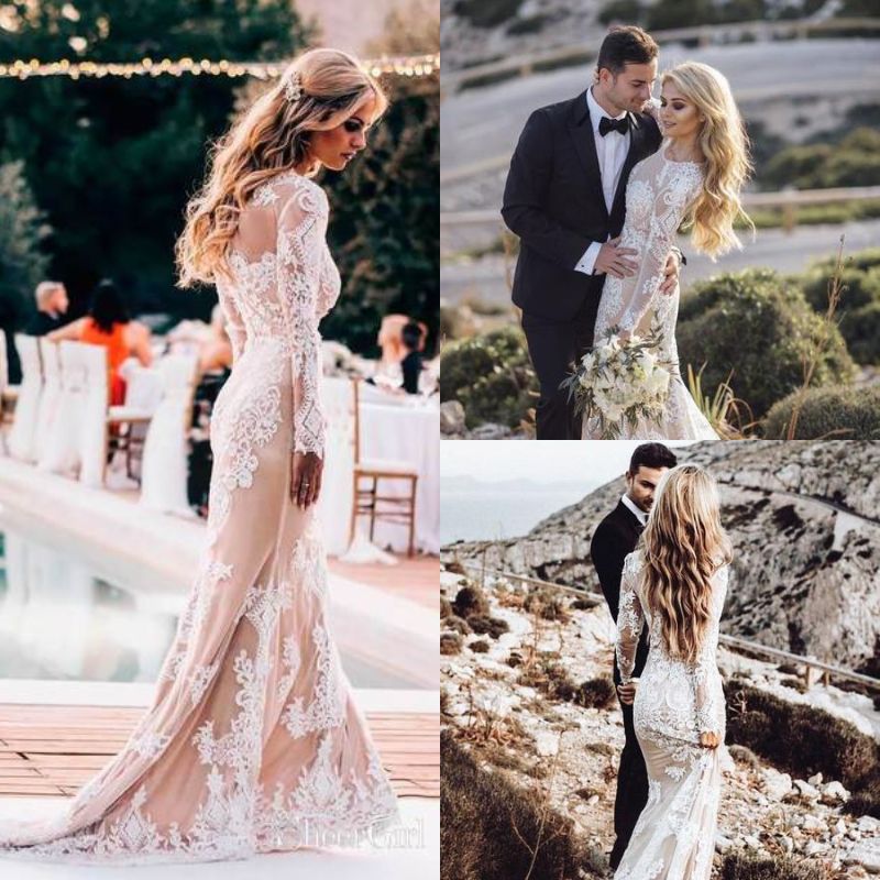 Gothic Champagne Lace Wedding Dresses 
