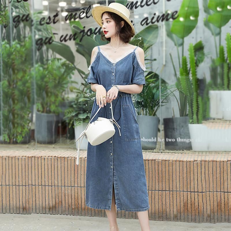 Compra Vestidos Casuales Vestido De Mezclilla De Verano 2021 Moda Jeans  Elegantes Mujeres De Manga Corta Cortada Hombro Midi Becerro Vestidos  Barato | Entrega Rápida Y Calidad | Es.Dhgate